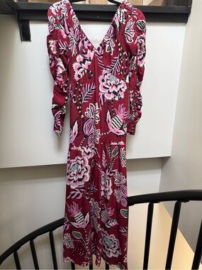 FARM Rio NWT Burgundy Pink Floral Long Sleeve v-neck  Maxi Dress
